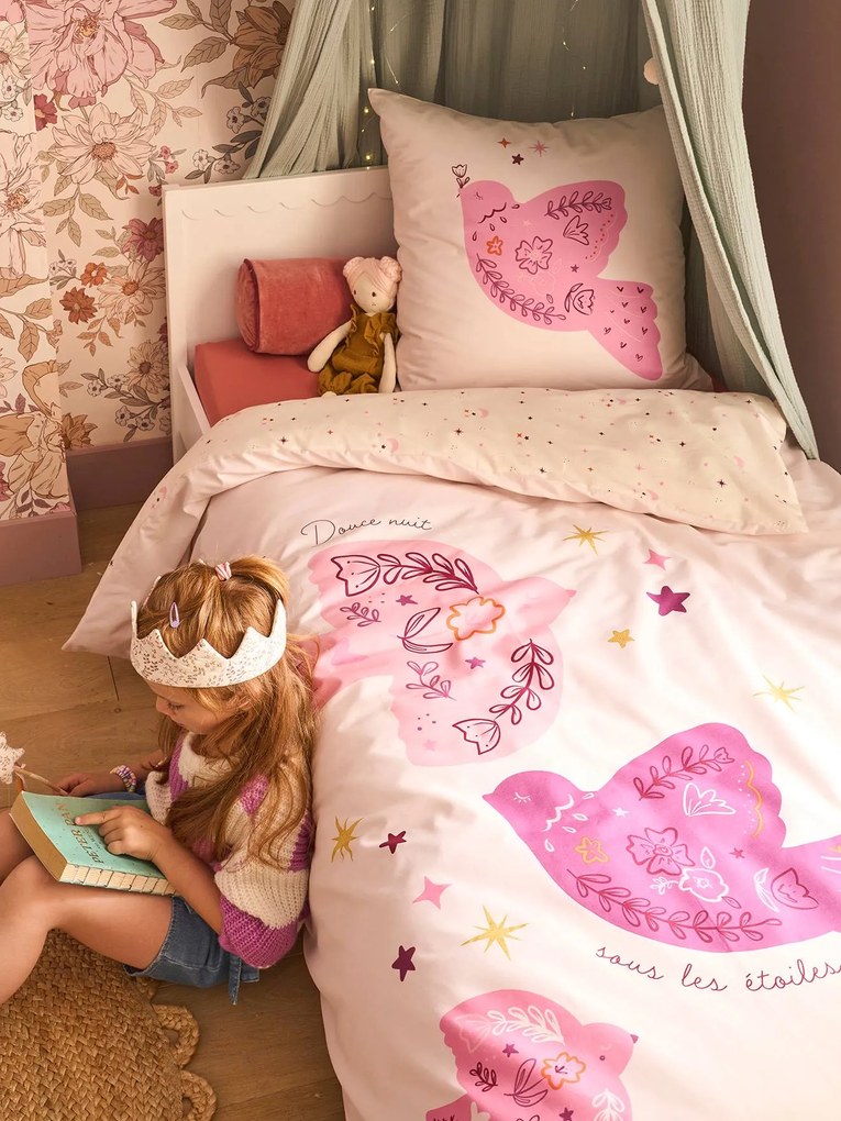 Conjunto de capa de edredão + fronha reversível Birdy com algodão reciclado, para criança   rosado