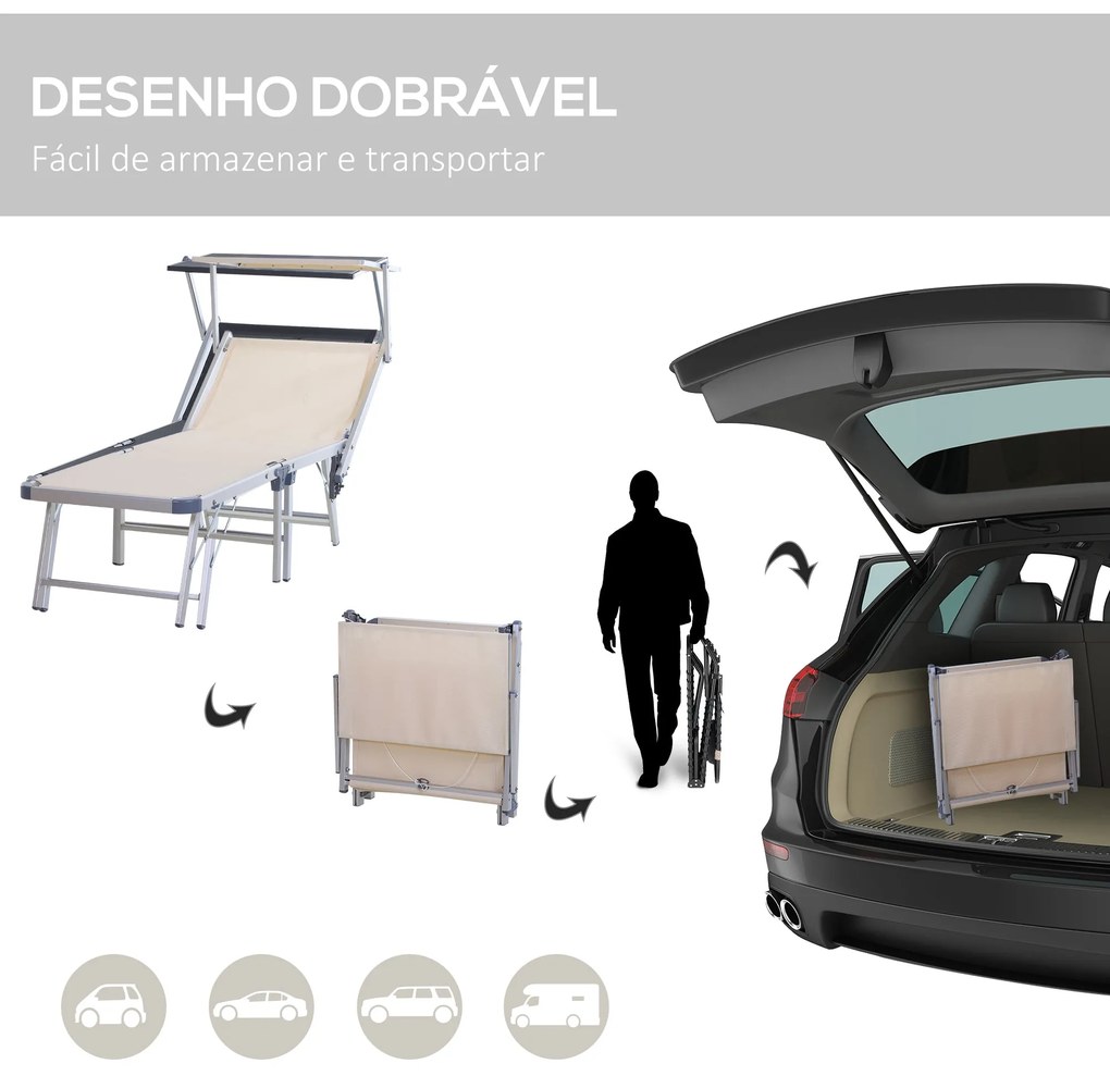 Espreguiçadeira Dobrável e Reclinável com Toldo – 169x72x55-72 cm | Es