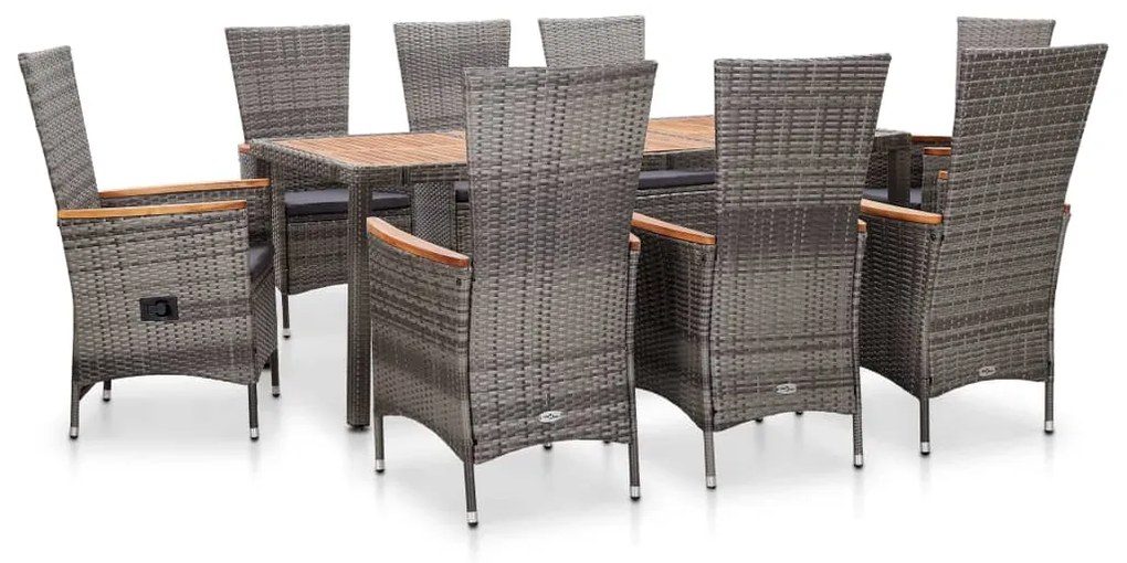 vidaXL 9 pcs conjunto jantar exterior c/ almofadões vime PE cinzento