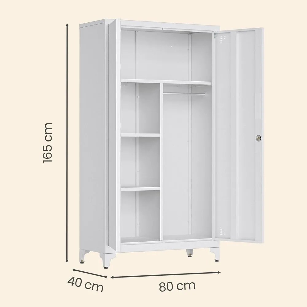 Armário cacifo metálico com varão para pendurar roupa, 2 portas, 5 compartimentos 80 x 40 x 165 cm Cinza
