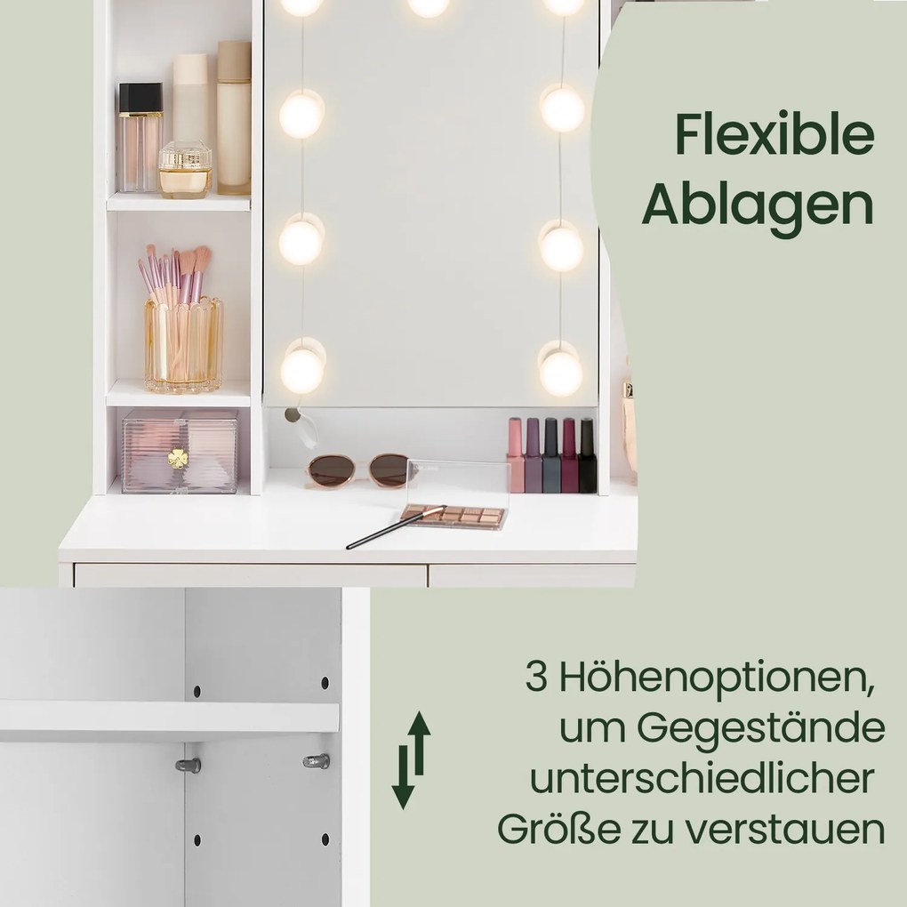 Toucador com iluminação LED 40 x 90 x 144,7 cm, cores de luz e brilho reguláveis, toucador com espelho Branco 