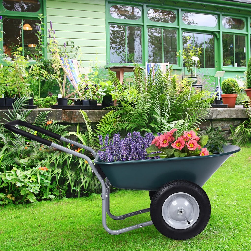 Carrinho de Mão com 2 Rodas de Jardim Carrinho de Aço Robusto e Rodas Pneumáticas 35 cm Grande Capacidade de Carga 145 x 65 x 65 cm Verde
