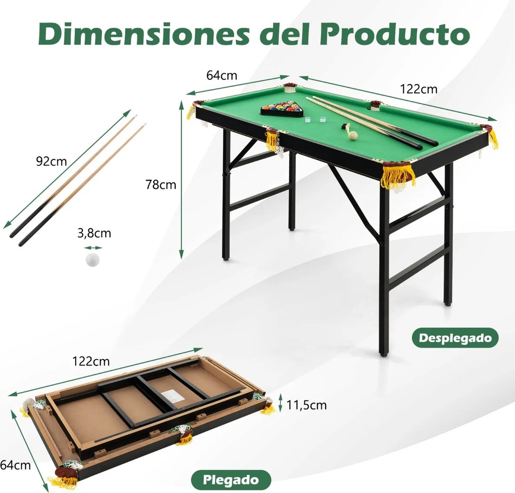 Mesa de jogo portátil mini dobrável com tacos, giz, bolas, triângulo e escova para crianças e adultos 122 cm x 64 cm x 78 cm Verde