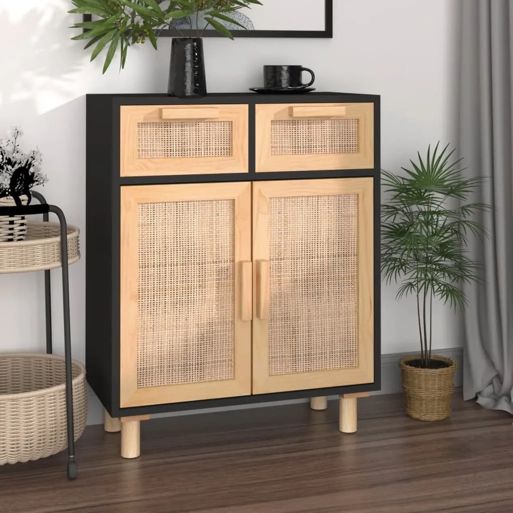 vidaXL Aparador 60x30x75 cm pinho maciço/vime natural preto