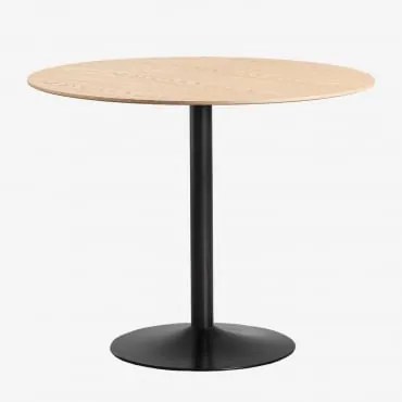 Mesa De Jantar Redonda Em Mdf E Ferro Yvetta Preto & Ø90 Cm & Castanho Roble - Sklum