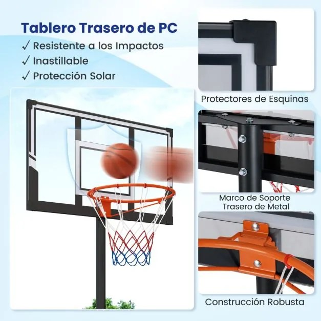 Cesto de basquetebol portátil para exterior Sistema de aro de basquetebol ajustável em altura de 100 a 305 cm com tabuleiro inquebrável preto