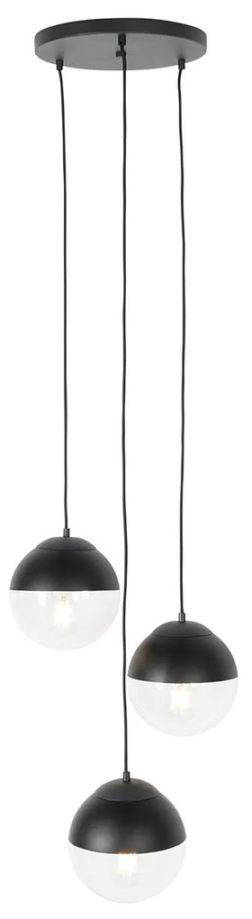 Candeeiro de suspensão retro preto com vidro transparente redondo 3-luzes - Eclipse Retro