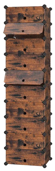 Rack de sapatos intertravado SONGMICS, organizador de armazenamento retangular, unidade de prateleira de armazenamento modular DIY de 10 slots, 40 x 30 x 17 cm para cada slot, guarda-roupa de plástico com portas, marrom rústico LPC010A01