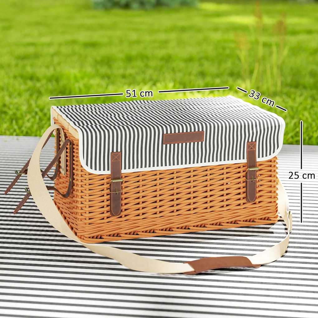 Cesto de piquenique em vime para 4 pessoas 51 x 33 x 25 cm com tabuleiro para garrafas em pinho; cesto de piquenique com alça ajustável em castanho cl