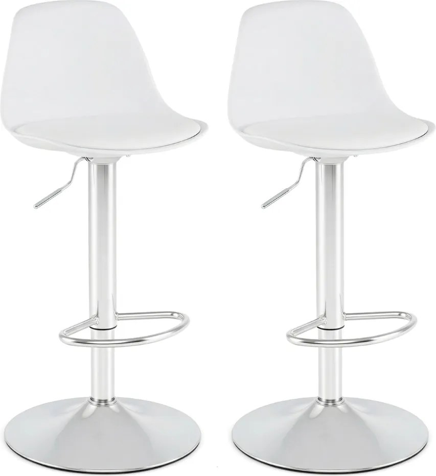 Conjunto de 2 bancos giratórios de bar com encosto ajustável em altura, estofados em couro sintético e apoio para os pés branco e prata