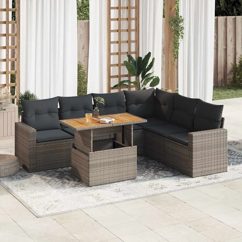 vidaXL 7 pcs conjunto sofás p/ jardim c/ almofadões vime PE cinzento