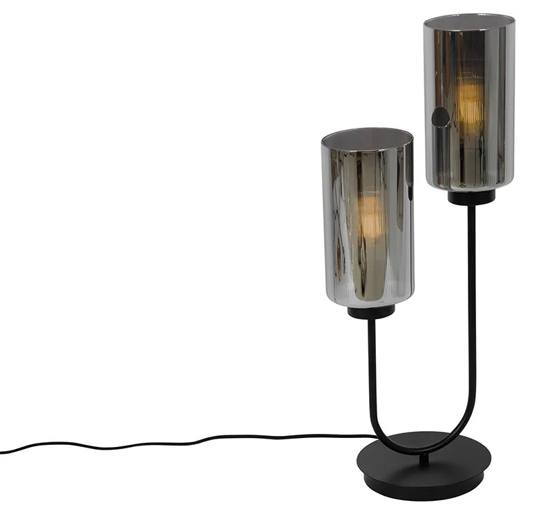 Candeeiro de mesa Art Deco preto com vidro fumê 2 luzes - Laura Art Deco