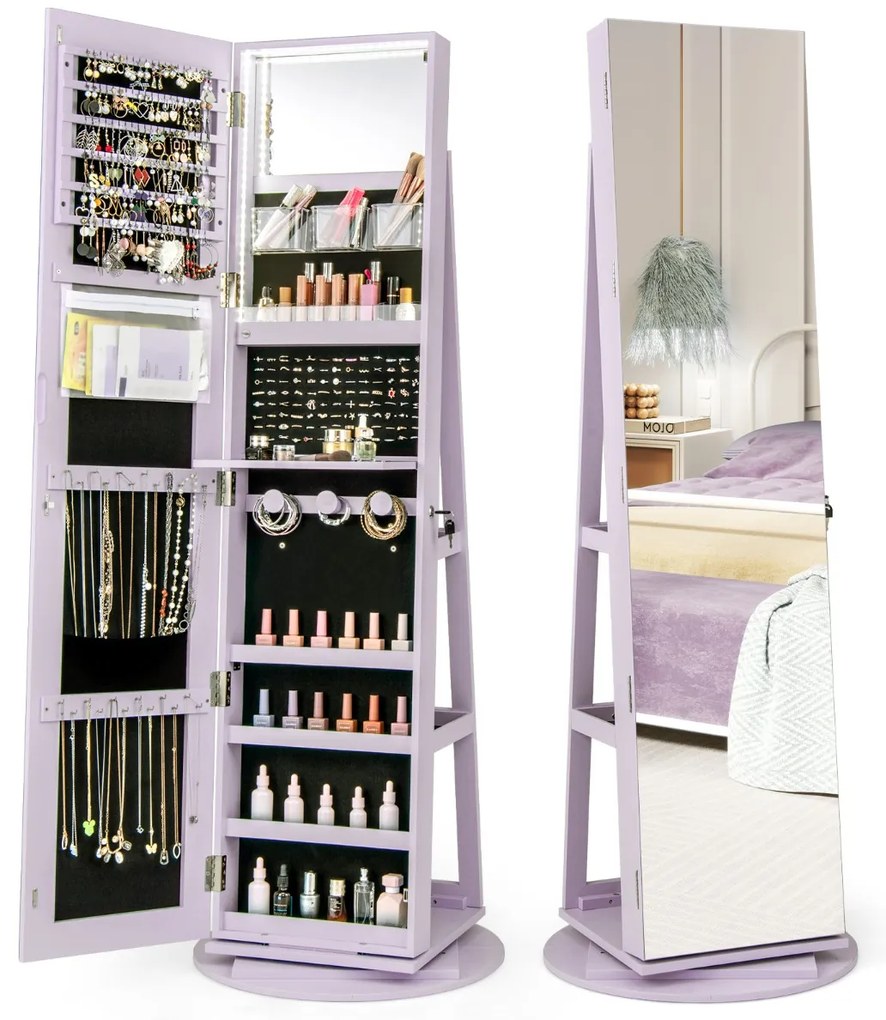 Armário joias giratório 360° com luzes LED Espelho de corpo inteiro 54,5 x 161 cm Púrpura
