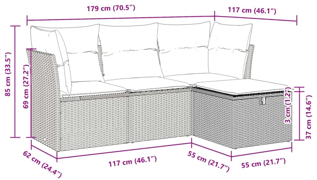 4 pcs conjunto sofás de jardim c/ almofadões vime PE cinzento