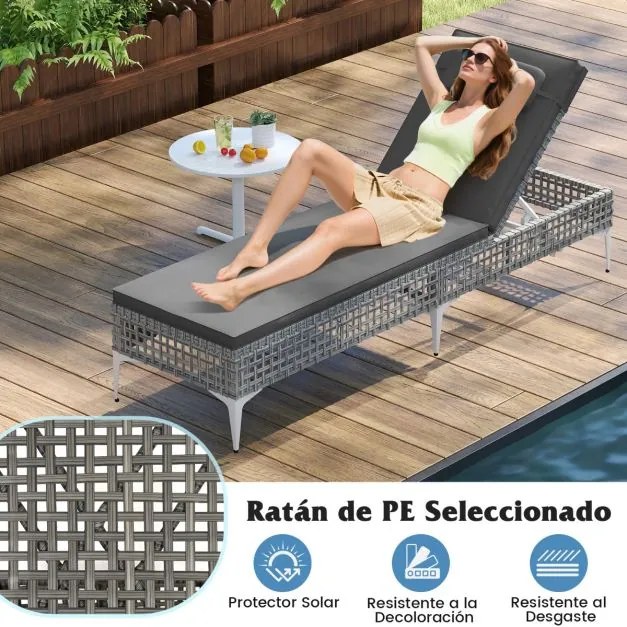 Espreguiçadeira de jardim com encosto ajustável em 6 níveis, almofada e apoio para a cabeça removíveis com capa com fecho de correr cinzenta