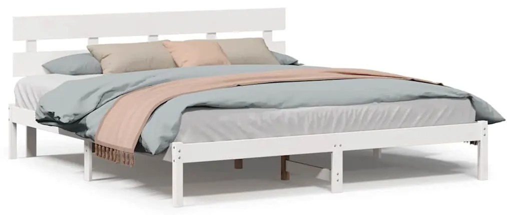 Estrado de Cama com Cabeceira Branco 180x200 cm Madeira Sólida de Pinh