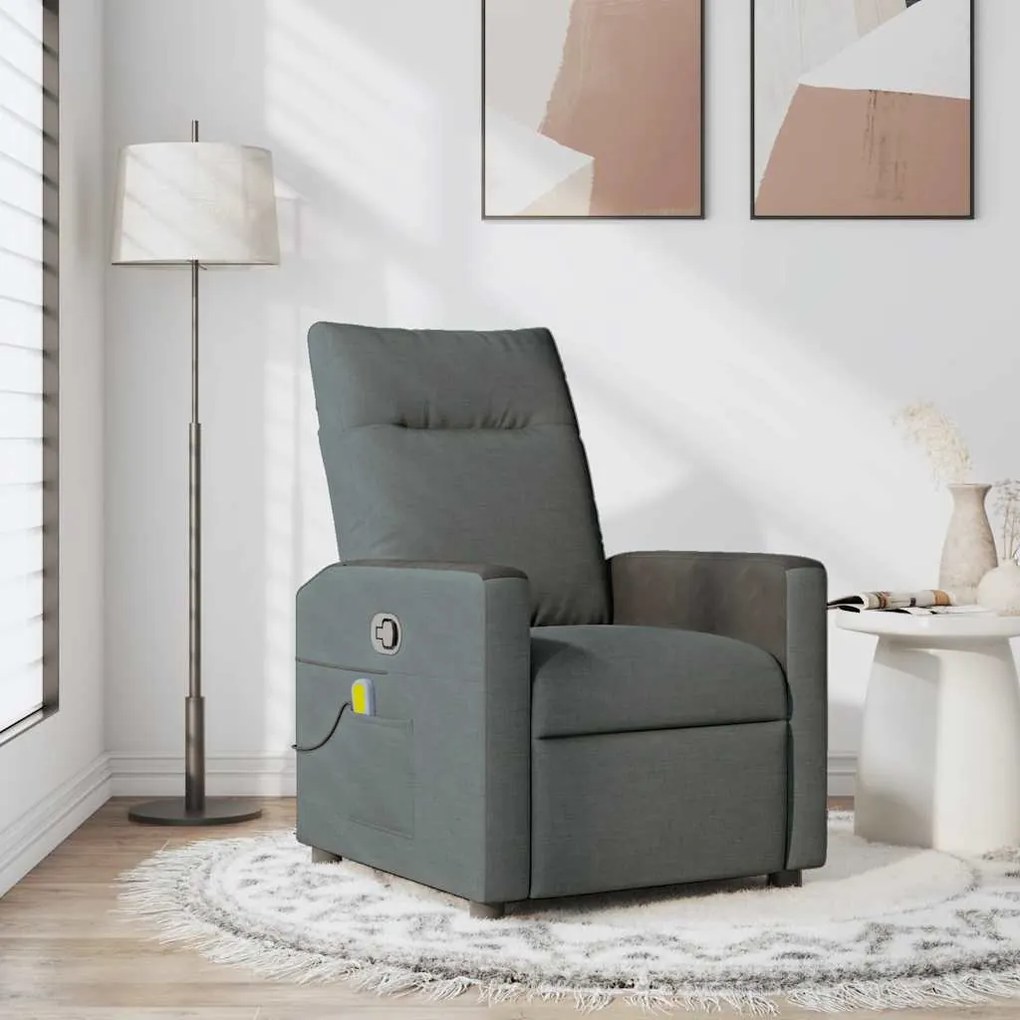 vidaXL Poltrona de massagens reclinável tecido cinzento-escuro