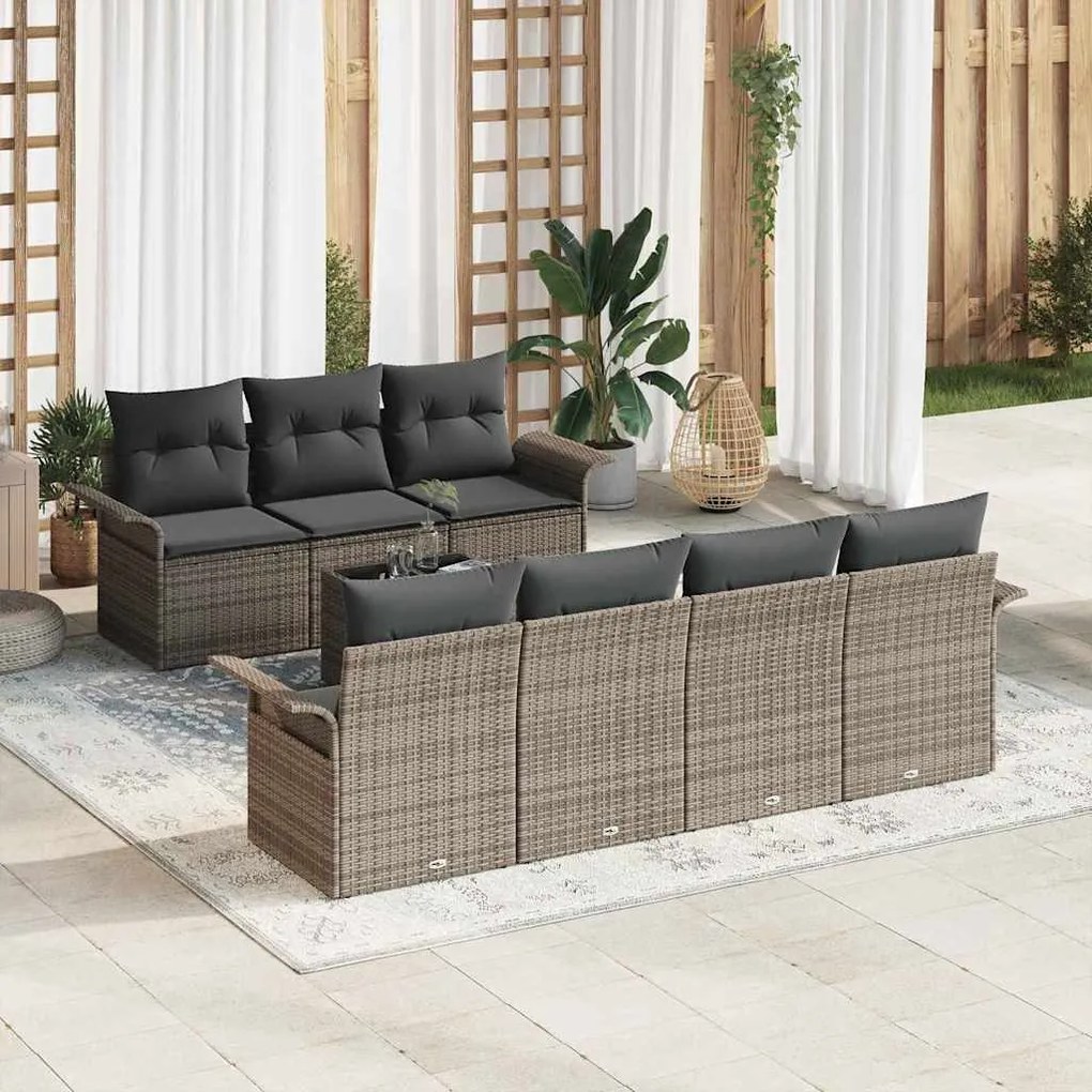 vidaXL Conjunto de Sofá de Jardim de 8 Peças com Almofadas Cinza em Rattan Poliéster