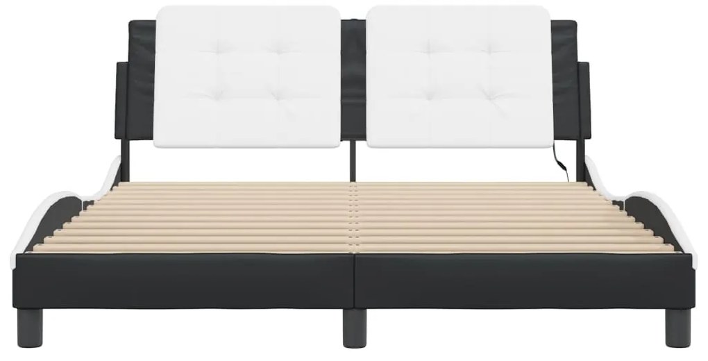 Estrutura cama c/ luzes LED 160x200cm couro artif. branco/preto