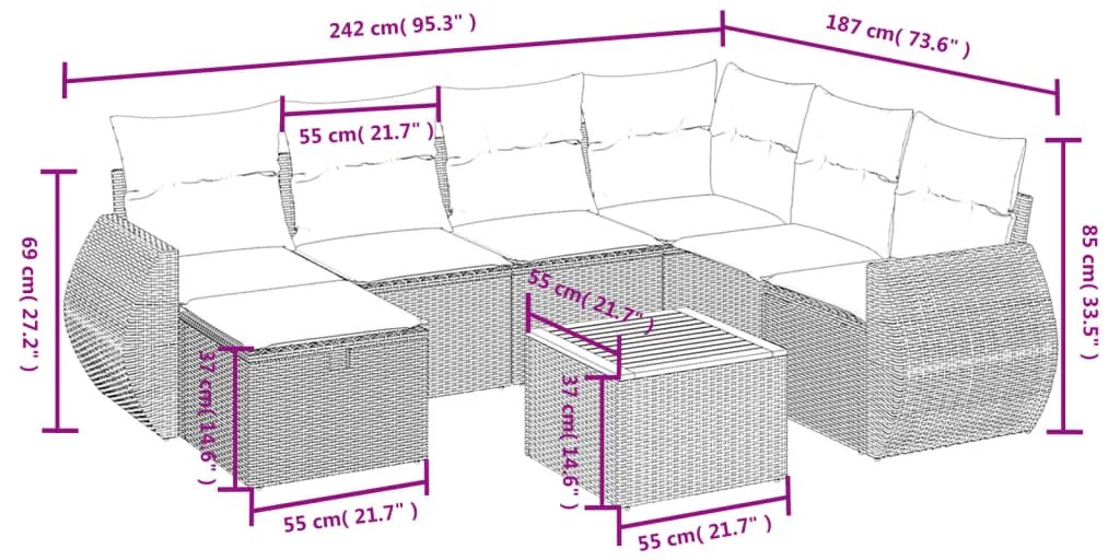 8 pcs conjunto sofás de jardim com almofadões vime PE preto