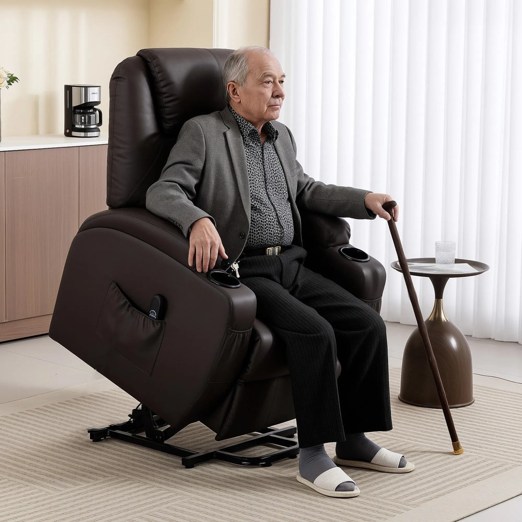 Poltrona elevatória elétrica 83 x 95 x 107 cm, poltrona relax elétrica, apoio para os pés, encosto reclinável, porta USB, castanho