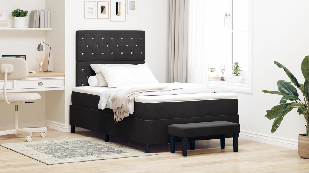 Cama Box Spring com Colchão e Banco Preto 120x200 cm Veludo