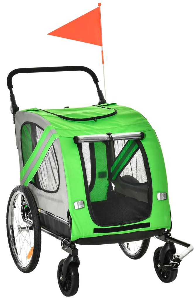 Reboque Bicicleta Cães 2 em 1 Transporte Animais Estimação Porta Enrolável 140x72,5x107,5cm Verde