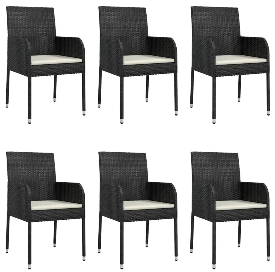 7 pcs conjunto de jantar p/ jardim c/ almofadões vime PE preto