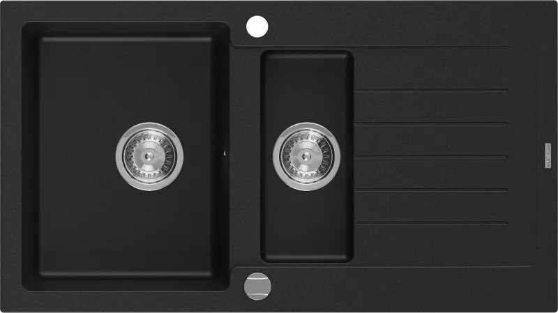 Mexen Matias lava-loiça de granito de 1,5 bacias com escorredor 900 x 505 mm, preto, sifão cromado - 6502901505-77