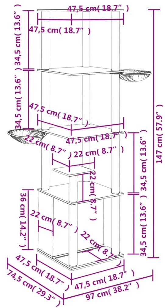 Árvore p/ gatos c/ postes arranhadores sisal 147 cm cinza-claro
