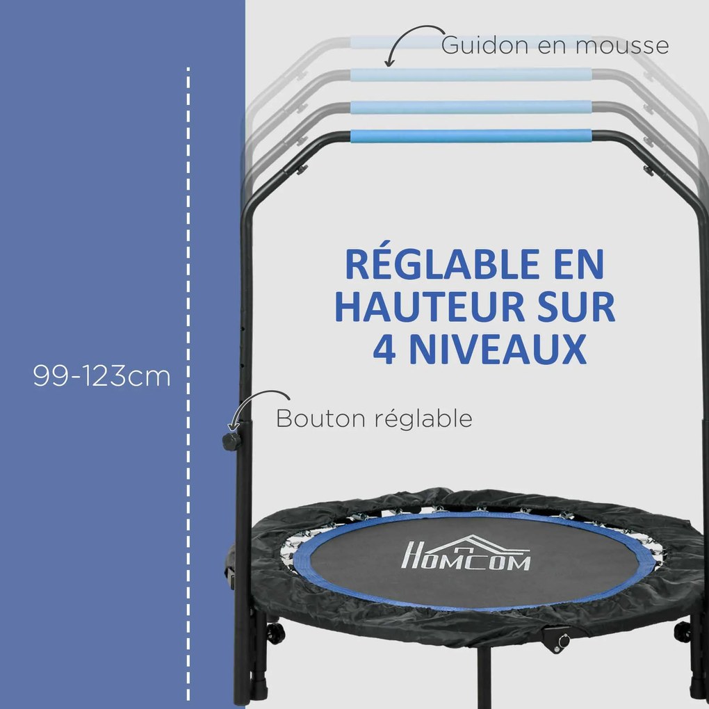 Trampolim de fitness e ginástica com pega ajustável, dobrável, 6 pés, 28 molas, Ø 102 cm, preto e azul