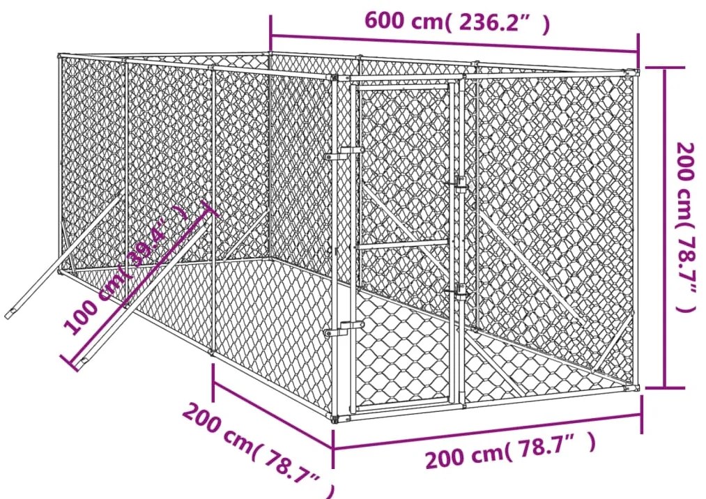Canil de exterior 2x6x2 m aço galvanizado prateado