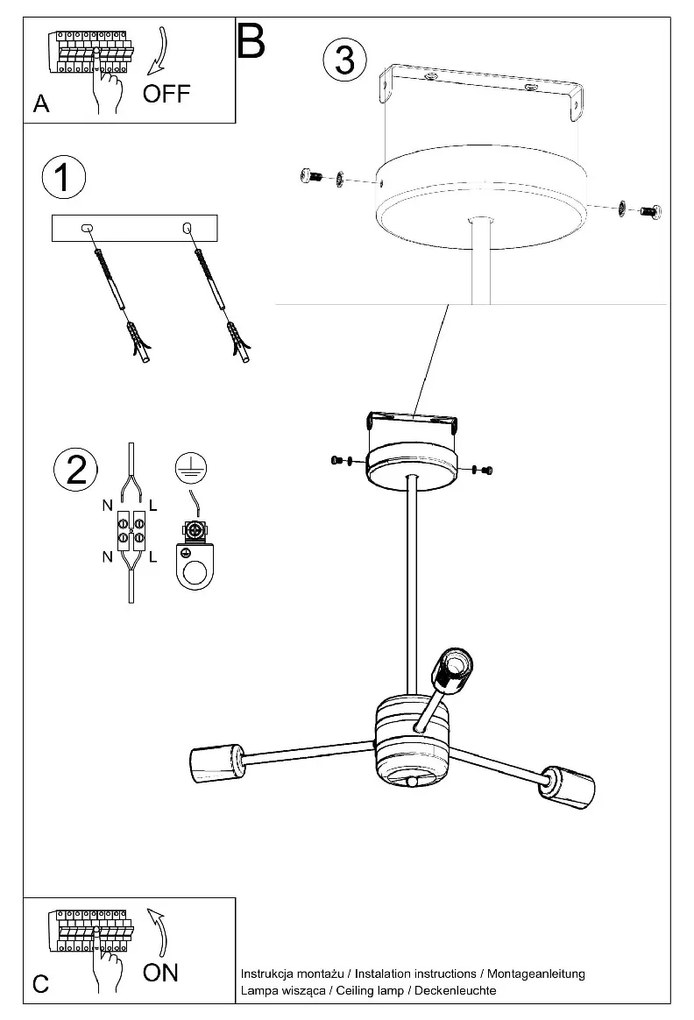 Candeeiro de Teto em AÇO LANGO 3 Lampâdas Preto