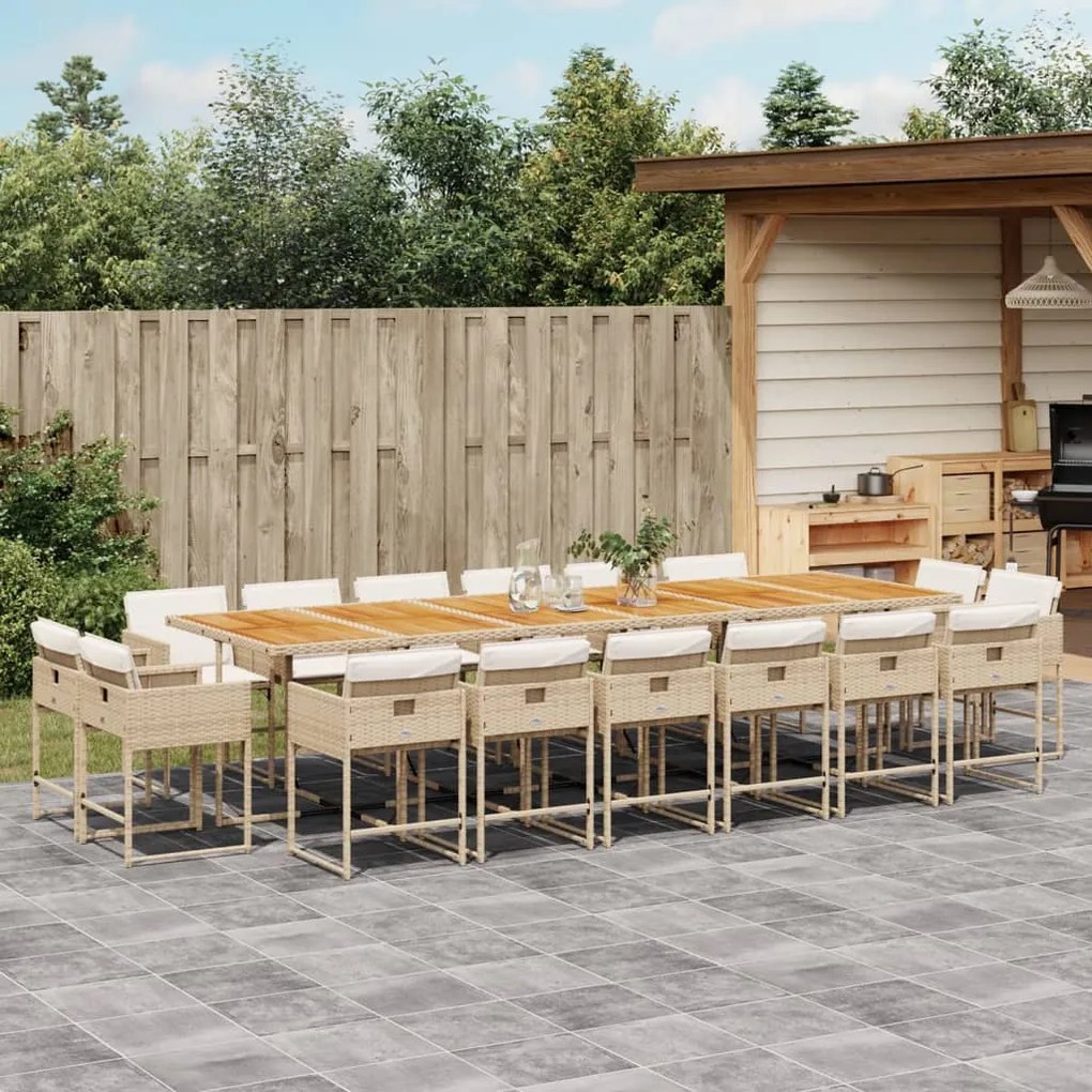 17 pcs conjunto de jantar p/ jardim c/ almofadões vime PE bege