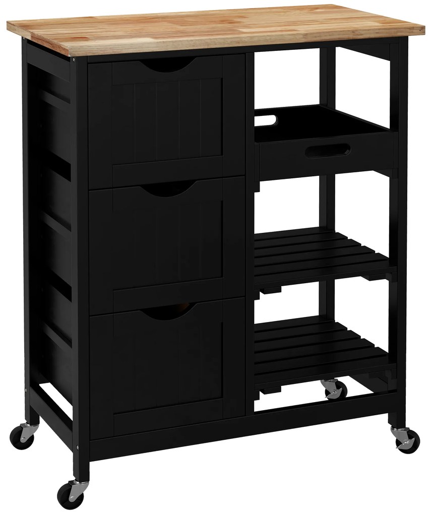 Carrinho de Cozinha com Rodas com 3 Gavetas 2 Prateleiras Abertas e Bandeja 67x37x85,5 cm Preto