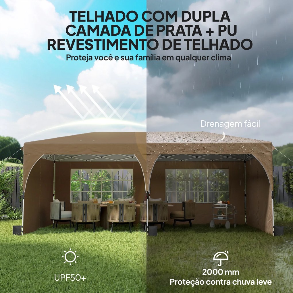 Tenda Dobrável 6x3 m Pop-up com 4 Laterais Amovíveis Tenda de Jardim com Faixas Refletoras Altura Ajustável UPF50+ Bege