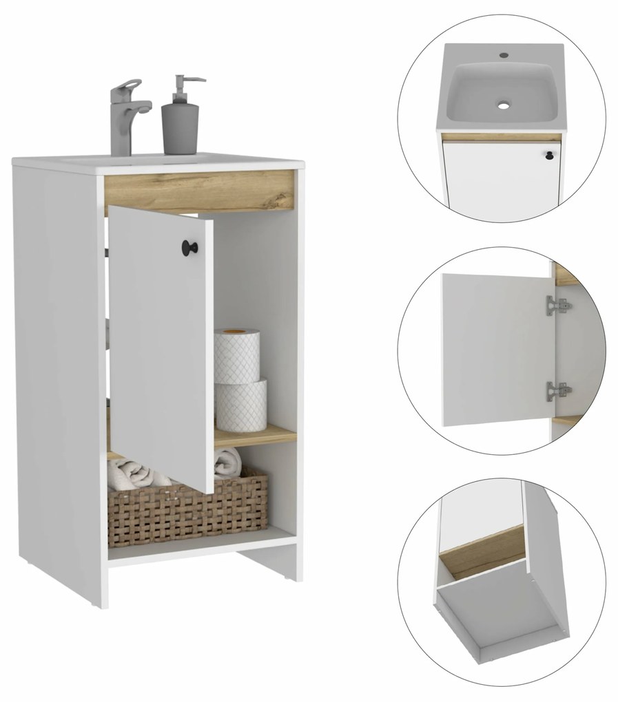 Móvel de casa de banho com lavatório malaga, com compartimento com porta prateleiras resistentes, 85 cm a x 45 cm e x 45 cm P, branco/duna