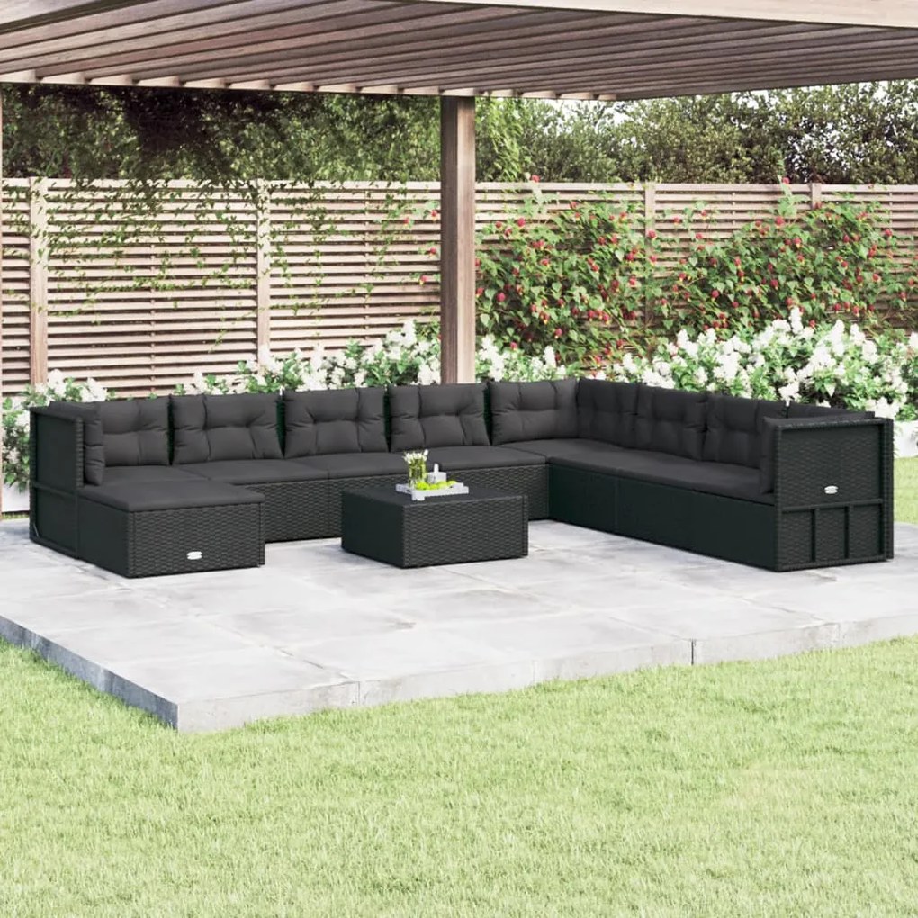 vidaXL 9 pcs conjunto lounge de jardim c/ almofadões vime PE preto