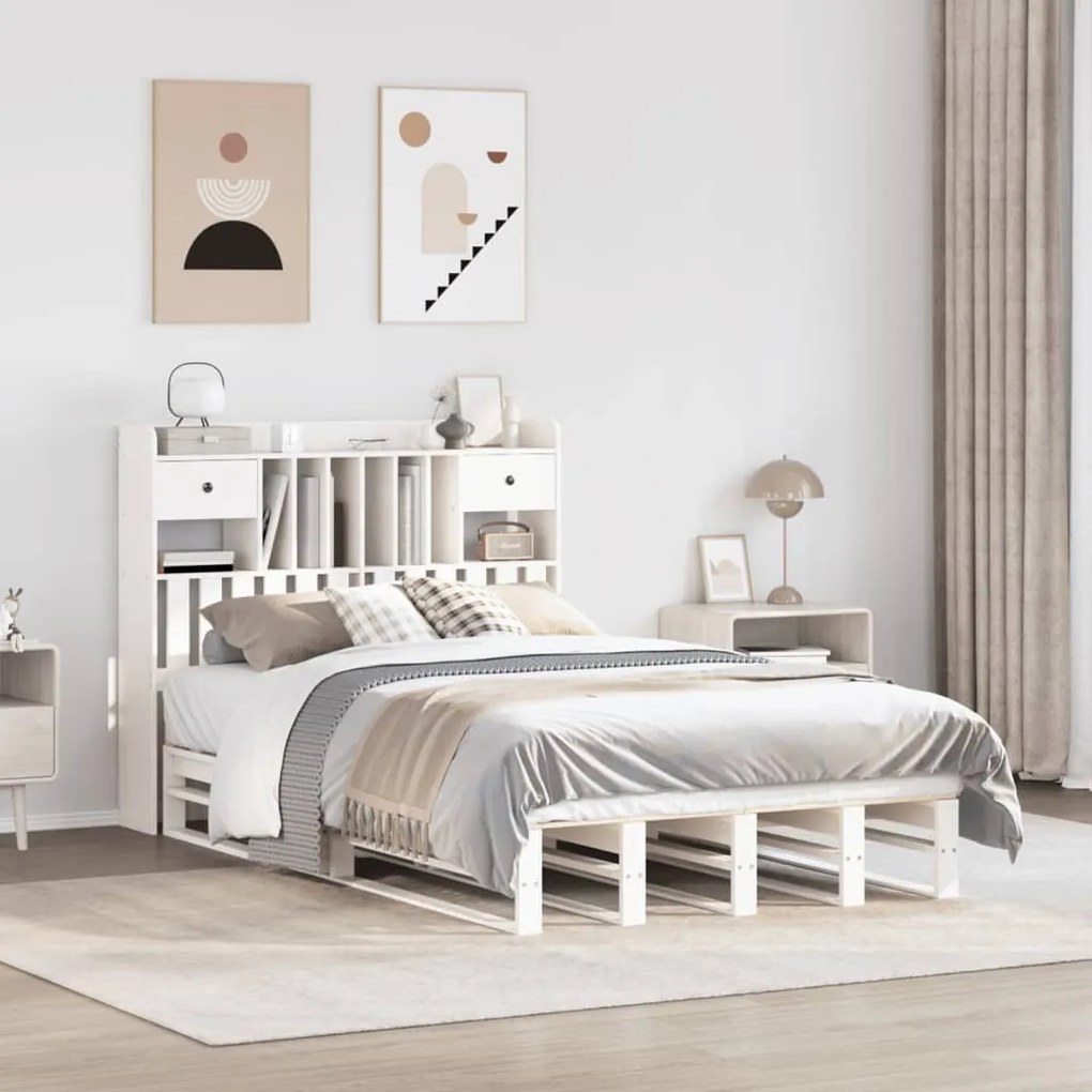 vidaXL Cama com estante sem colchão 135x190 cm pinho maciço branco