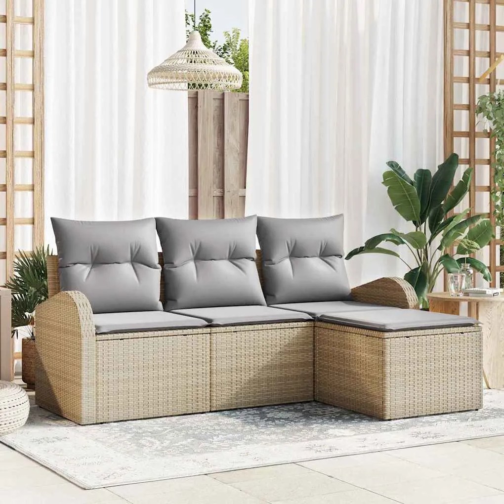 vidaXL Conjunto de sofá de jardim de 4 peças com almofadas bege em poli-rattan.