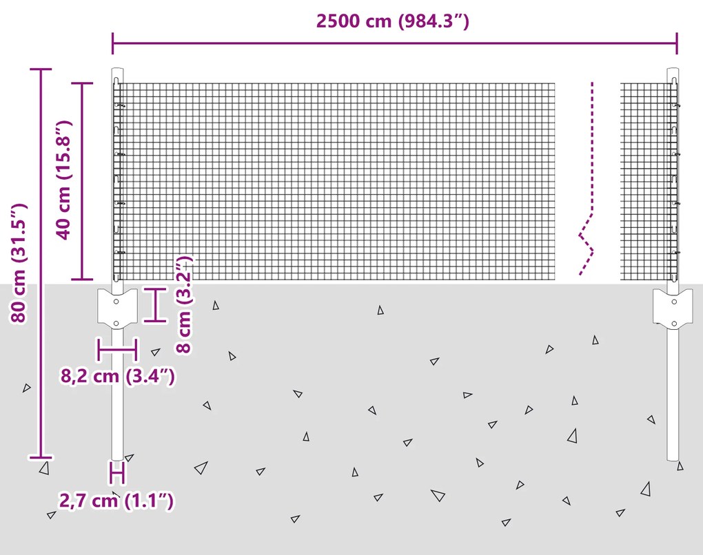 Cerca de Arame Soldado com 11 Postes em U Prata 0.4x25 m Aço