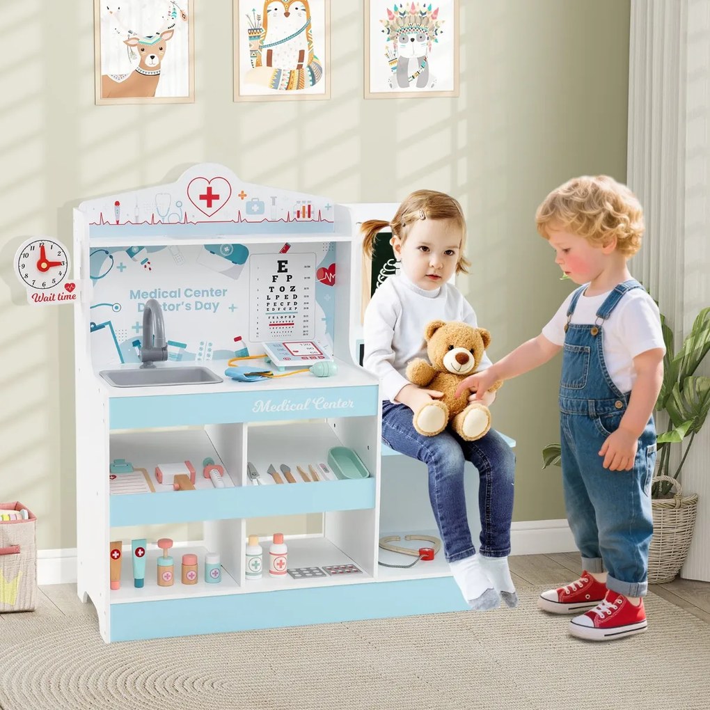 Hospital de brincar infantil com 24 acessórios Relógio Torneira Lavatório Monitor ECG para crianças a partir dos 3 anos 97 x 30,5 x 88 cm Azul