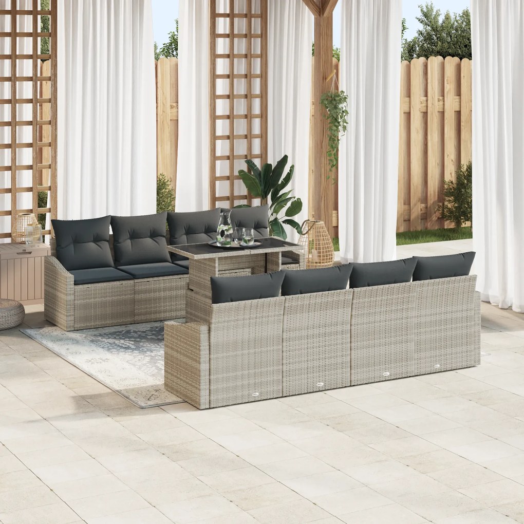 Conjunto de Sofá de Jardim com 7 Peças e Almofadas Cinza Claro em Poli