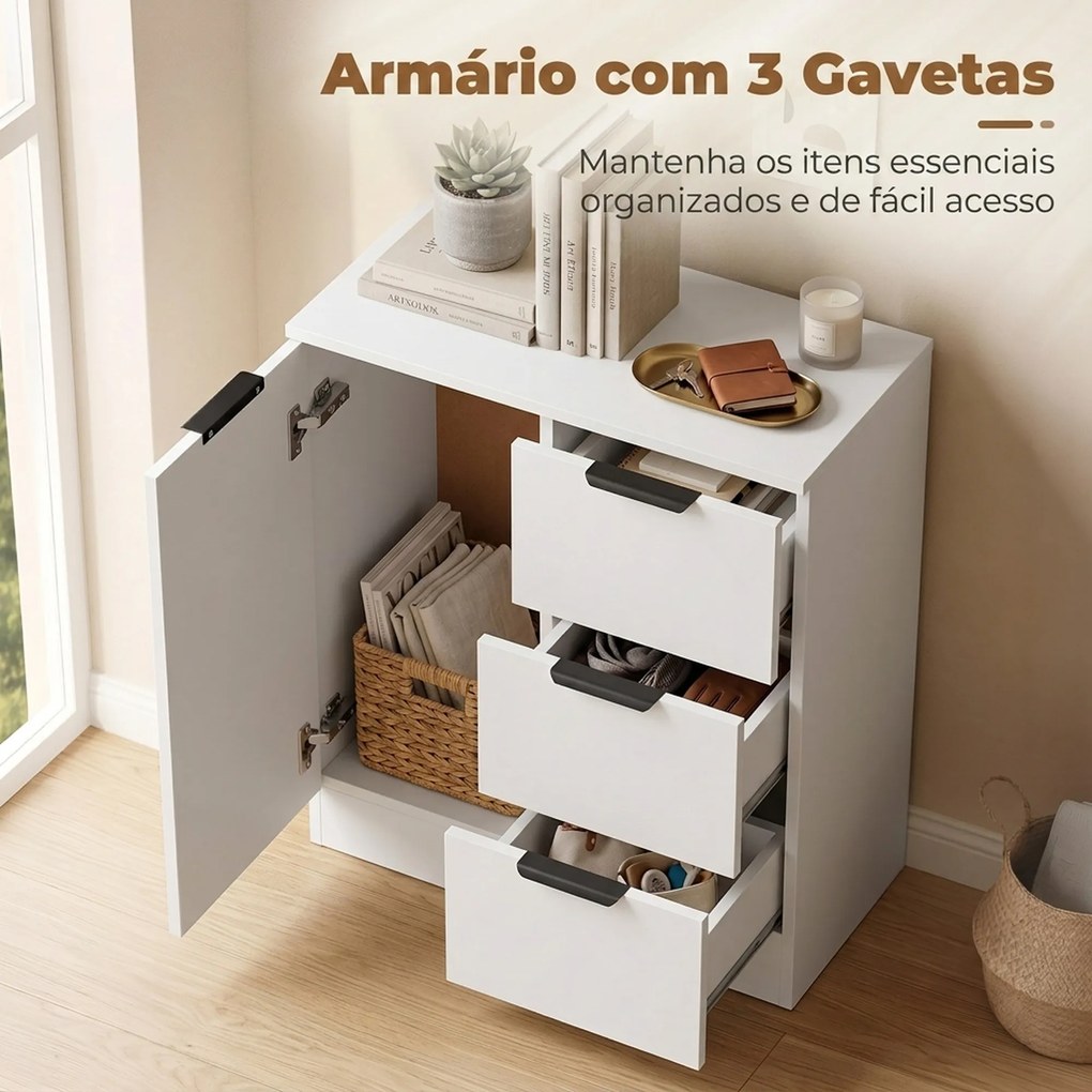 Aparador Estreito com Porta e 3 Gavetas 60x30x70 cm para Entrada ou Sala Branco