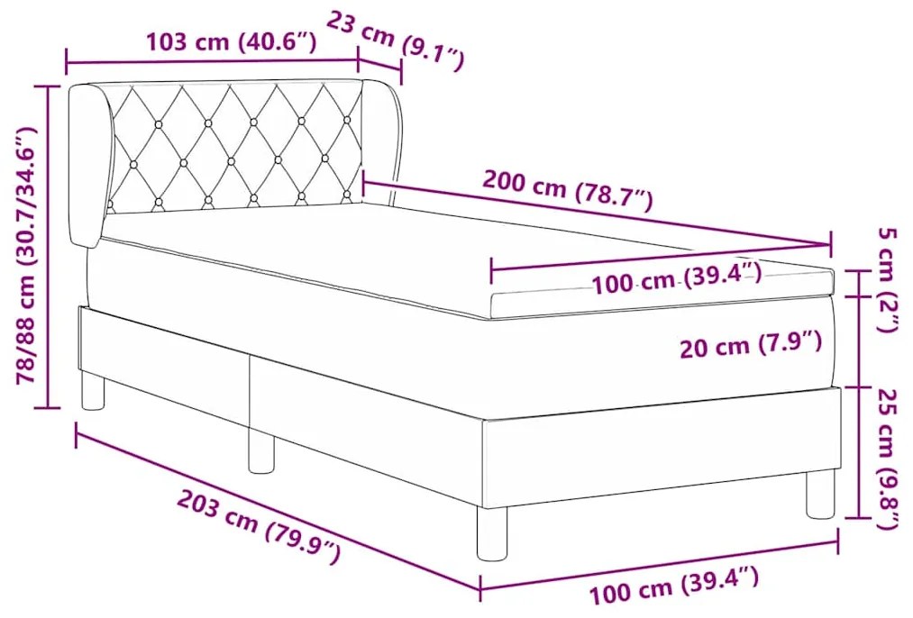 Cama Box com colchão em Cinza Escuro, 100x200 cm, Veludo