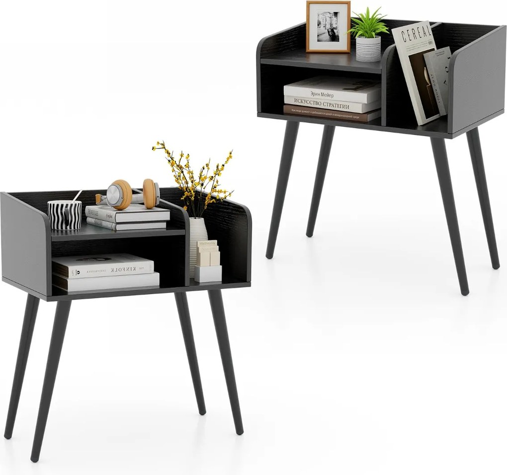 Conjunto de 2 mesas de cabeceira, Mesa de apoio modernas de meados do século de 2 níveis 50 x 32 x 58 cm Preto