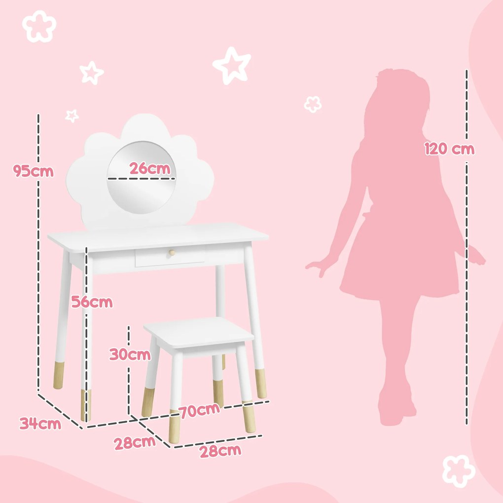 Conjunto de Toucador e Banco para Criança, 70 x 34 x 95 cm, Espelho em Forma de Nuvem, Branco