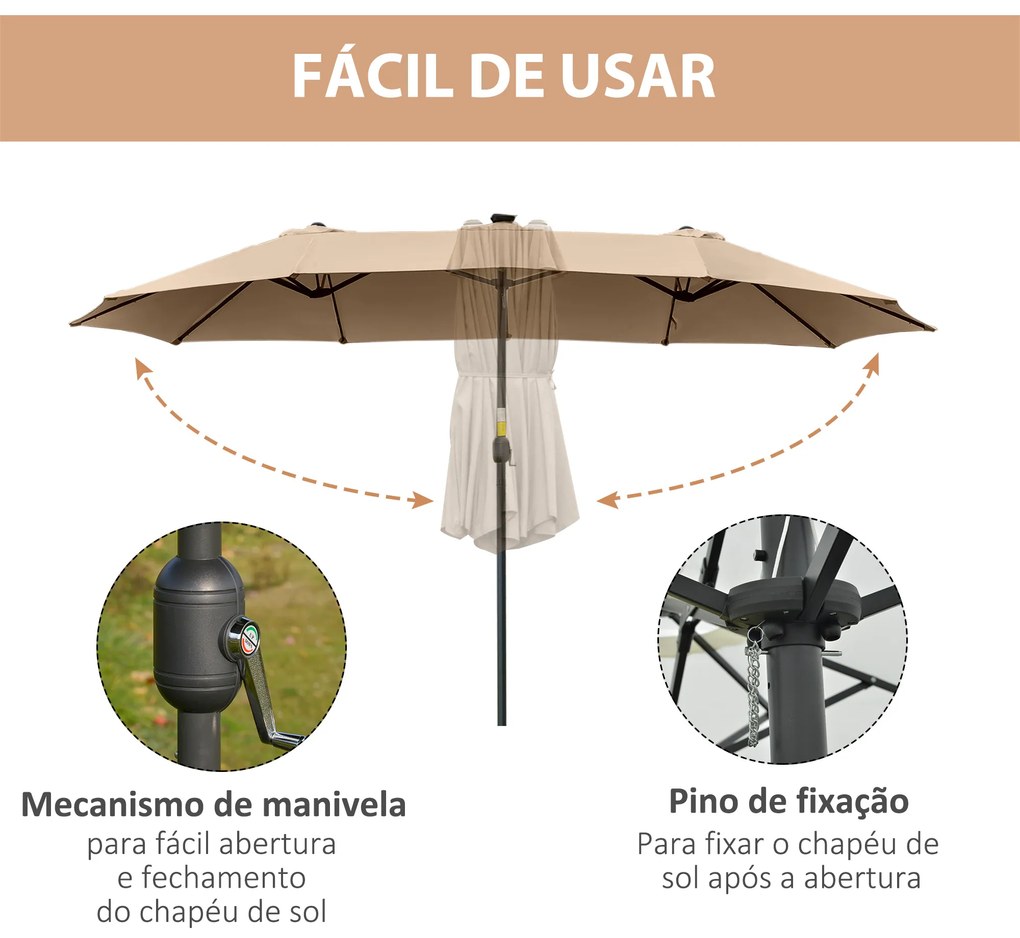 Outsunny Chapéu de Sol Duplo de Jardim com 48 Luzes LED Solar 450x265x240cm Chapéu de Sol de Exterior com Manivela Proteção Solar para Terraço Balcão Piscina Cáqui