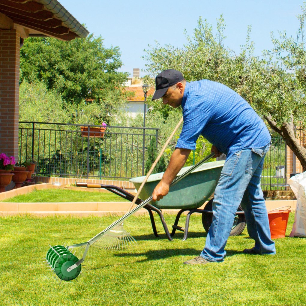 Rolo arejador de relva com pega removível em 3 peças, arejador de relva manual, 45 x 21 x 140 cm, verde escuro