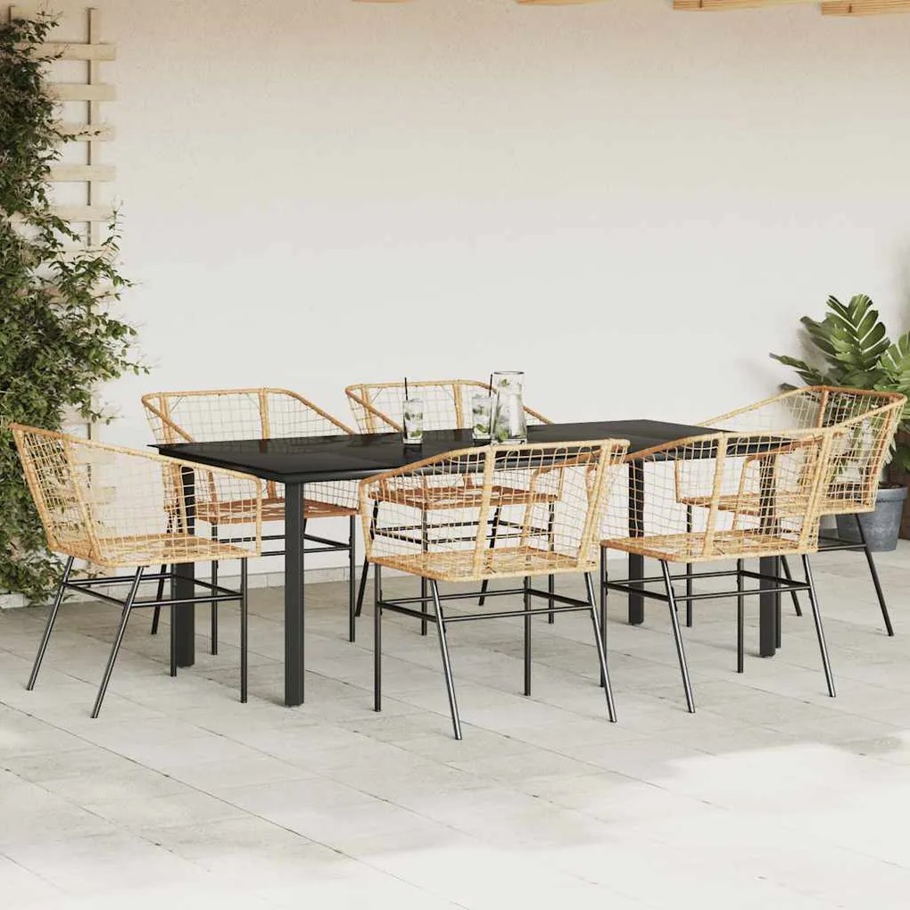 Conjunto jantar jardim 7 peças vidro vime PE castanho